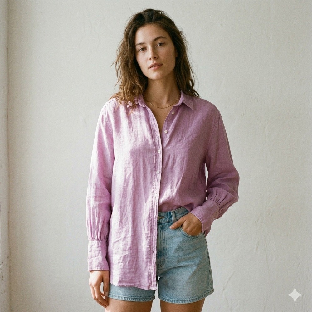Hartford Linen Top Womens 2 Medium Purple Button Down Beachy Shirt Coastal